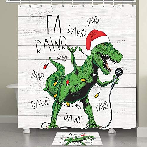 JAWO Komik Noel Duş Perdesi, sevimli Dinozor Santa Şapka Şarkı Merry Christmas Çocuklar için Çocuk Erkek ve Kız Duş Perdesi,
