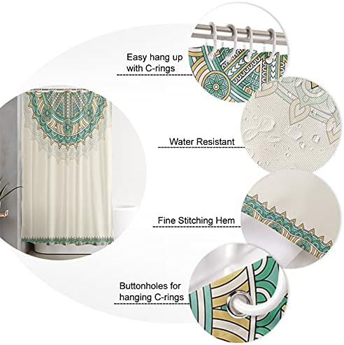 YOKOU Duş Perdesi, Vintage Bohem Tarzı Mandala Çiçek Baskı Geometrik Desen Su Itici Polyester Kumaş Banyo Perdeleri Banyo Duş