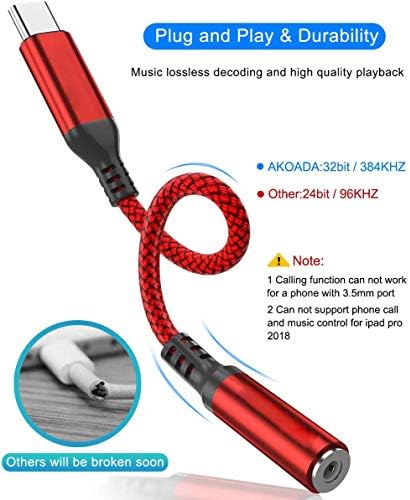 Doreyi 2 kırmızı USB C için 3.5 mm Kulaklık jak adaptörü, Doreyi Tipi C Ses Dönüştürücü Naylon Kablo ile Uyumlu Samsung Galaxy