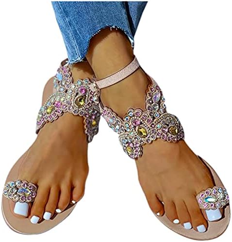 USYFAKGH Sandalet Kadınlar İçin Rahat Yaz Kadın Bayanlar Bohemian Ayakkabı Ayak Yüzük Çivili Çiçek Desen Düz Sandalet