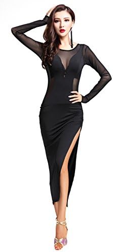 ZX kadın Siyah Uzun Kollu Bölünmüş Bacak Latin Tango Cha Cha Dans Elbise Kostümleri