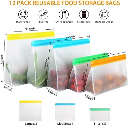12 Paket Yeniden Kullanılabilir Gıda Saklama Torbaları, BPA İçermeyen Sızdırmaz 4 Yeniden Kullanılabilir Sandviç Torbaları