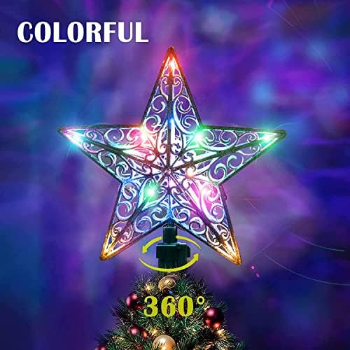 Noel Ağacı Topper, Animasyonlu Altın Yıldız Noel Treetop Çok Renkli Işıklı Dönen Yıldız, 3D Glitter Hollow Treetop için Noel