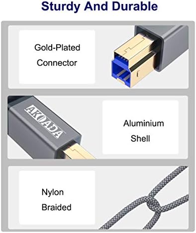 AkoaDa USB A'dan USB B'ye 3.0 Kablo 10FT (2 Paket), Dayanıklı Naylon Örgülü Tip A'dan B'ye Erkek Kablo Yazıcılar, Monitör,