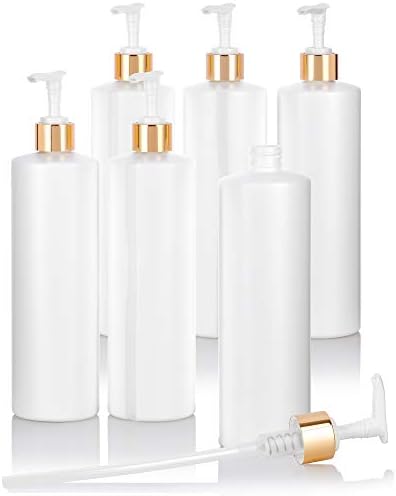 16 oz / 500 ml Beyaz Plastik HDPE Doldurulabilir Clear View Şerit Silindir Şişe (BPA Ücretsiz) (6 paket, Altın Losyon Pompası)