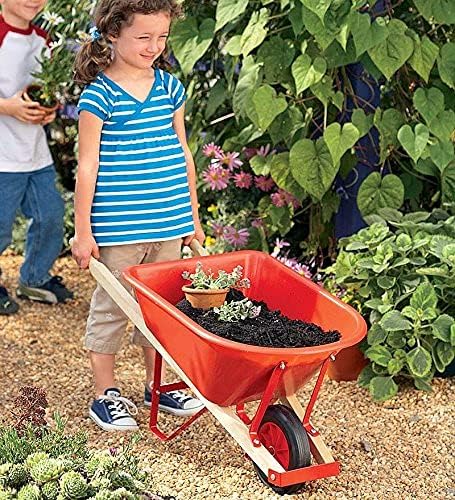 Çocuk Bahçesi El Arabası-Çocuklar için Bahçe Aletleri-Ahşap Kulplu Kırmızı, Çelik Diş Telleri, Katı Lastik-33 L x 17 W x 15.75
