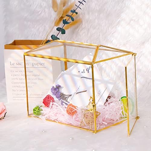 Micozy Cam Düğün Kartı Kutusu, Altın Cam Temizle Kutuları ile Yuvası ve Kalp Kilit, Teraryum Kart Tutucu Centerpiece Dekor