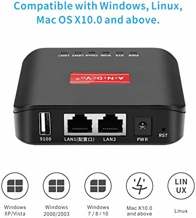 ATNEDCVH USB 2.0 WiFi Baskı ve Tarama Sunucusu, USB Kablosuz Genişletici Paylaşım Adaptörü, LAN 10/100 Mbps 1 Port USB Ethernet