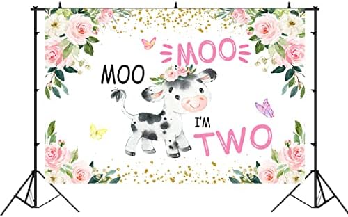 Lofaris Kutsal İnek 2nd Doğum Günü Partisi Zemin Moo Moo ben İki Kız Doğum Günü Arka Plan Pembe Çiçek Çiftlik Hayvanları Mutlu