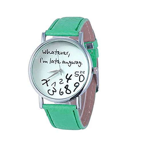 Her neyse, yine de geç kaldım Baskı PU Deri Kayış Saatler Kadın Erkek Minimalist Kişilik Gümüş Kuvars kol saati (Yeşil)