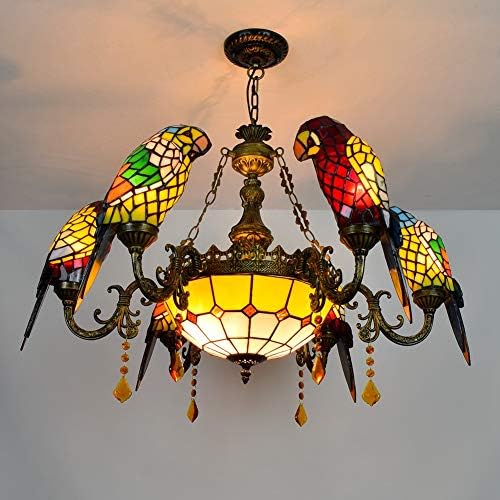 Tiffany Mutfak Avize büyük aydınlatma armatürü 32 Tiffany tarzı renkli papağan Lamba Vitray Tonları 6 Kol Avize Lobi Oturma