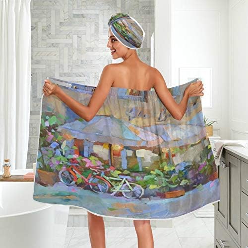 İtalya Mağaza Sanat Görünümü Banyo Havlusu Wrap ile Kuru Saç duş bonesi, Ayarlanabilir Kapatma Duş Bornozlar, Hızlı Kurutma