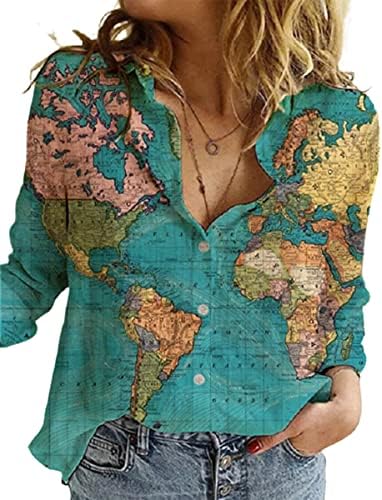 HOLATOK kadın Retro Dünya Haritası Geometrik Desen Yaka Casual Uzun Kollu Düğme Aşağı Gömlek Gevşek Üst Bluz