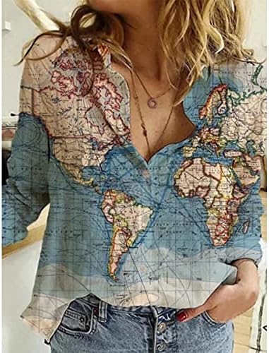 HOLATOK kadın Retro Dünya Haritası Geometrik Desen Yaka Casual Uzun Kollu Düğme Aşağı Gömlek Gevşek Üst Bluz