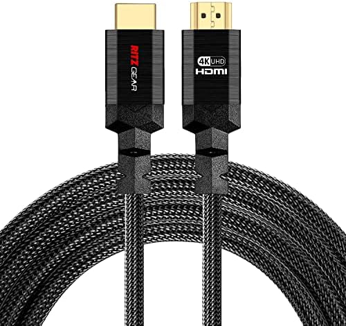 4K HDMI Kablosu 8 ft - Siyah Örgülü Naylon Kordon ve 24K Altın Kaplama Konektörler, Ethernet'li Ritz Gear Yüksek Hızlı HDMI