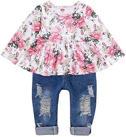 CARETOO Kızlar Giyim Kıyafetler, Sevimli Bebek Kız Çiçek Uzun Kollu Pantolon Seti Fırfır Üst