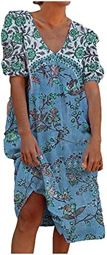 Playmate kadın Yaz Rahat T Gömlek Elbiseler V Boyun Kısa Kollu Çiçek Baskı Elbise Gevşek Fit Flowy Midi Elbise