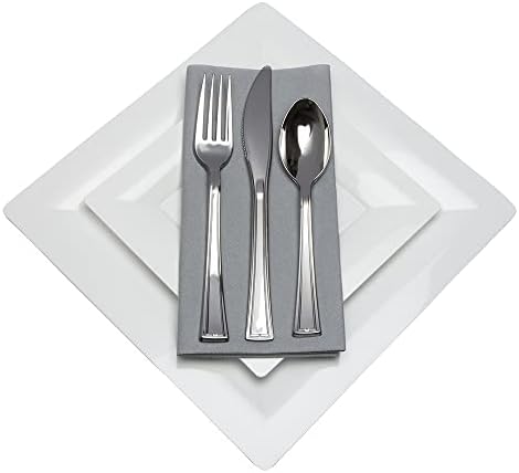 10 Kişilik Tableluxe Akşam Yemeği - Beyaz Kare Tabaklar-Cep Peçeteli Gümüş Çatal Bıçak Takımı-6 Adet 60'lık Set-Lüks Plastik