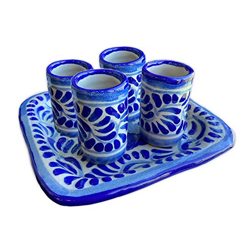 Mezcal veya Tekila için Talavera PotteryClay Blue Shot Bardakları (4'lü Paket, Uzun Boylu)