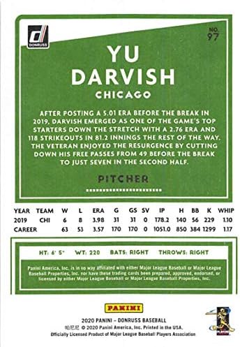 2020 Donruss Bağımsızlık Günü 97 Yu Darvish Chicago Cubs Resmi MLB PA Beyzbol Ticaret Kartı Ham (NM veya Daha iyi) Durumda