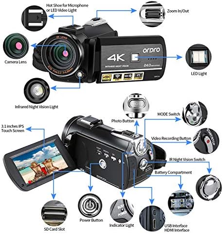 4 K Kamera ORDRO UHD Gece Görüş Video Kamera Vlog Hayalet Avcılık Kamera Kamera için YouTube 3.1 IPS dokunmatik ekran Kamera