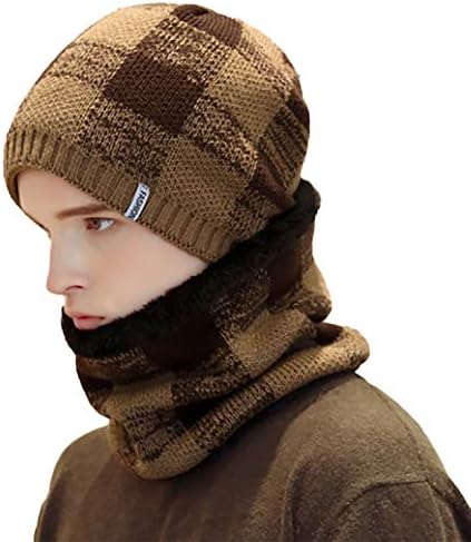 ıSWEVEN Kış ıe Şapka ile boyun eşarbı Sıcak Örgü Şapka Kafatası Kap Kalın Polar Astarlı Kış Kap Erkekler Kadınlar için (4091C)