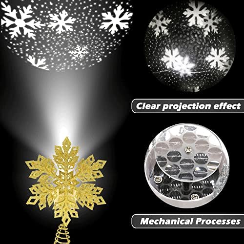 Noel ağacı üst ışık-Metal Işıltılı Altın Kar Ağacı Topper ile 3D Dönen Beyaz Kar tanesi LED projektör-Noel ağacı Topper Süslemeleri