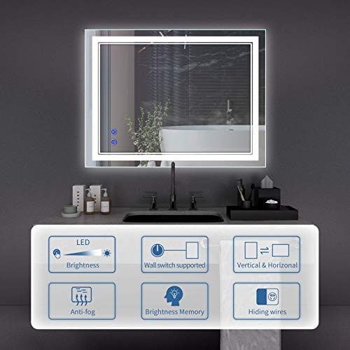 36 x 28 inç LED Işıklı Duvara Monte Banyo Makyaj Aynaları, Buğu Önleyici ve Kısılabilir Dokunmatik Anahtarlı Makyaj Aynası,