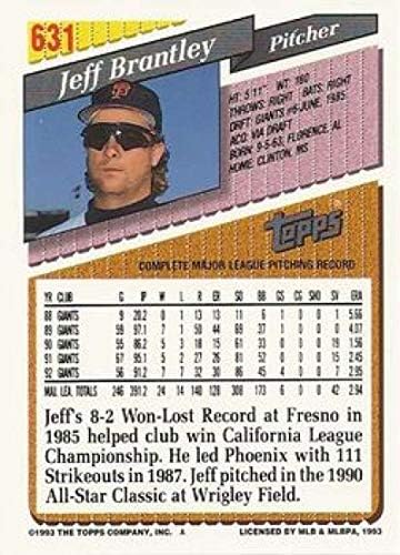 1993 Topps Altın Beyzbol 631 Jeff Brantley San Francisco Giants Topps Şirketinden Resmi MLB Ticaret Kartı