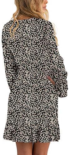 Relipop kadın Elbise Polka Dot Çiçek Baskı Uzun Kollu Crewneck Fishtail Fırfır Hem Kısa Mini Elbiseler