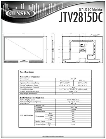 Jensen JTV2815DC Beyaz LED Aydınlatmalı 28 inç LED DC TV, Geniş 16: 9 LCD Panel, 1366 x 768 Piksel WXGA Çözünürlük ve Entegre