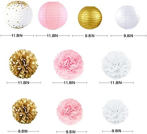 Altın ve Pembe Parti Süslemeleri Kiti Fenerler Çiçekler Pom Pom ile Altın 3D Kelebek Çıkartmalar ve Yaprak Garlands Flamalar