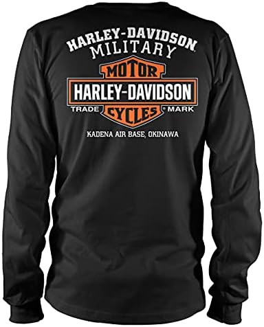 Harley-Davidson Askeri-Erkek Siyah Uzun Kollu Kartal Grafikli Tişört-Kadena Hava Üssü / Kartal Yolculuğu