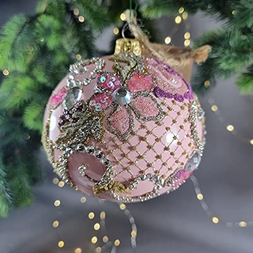 Sihirli Noel Süsleri, Cam Noel Topu 4, Pembe Taban üzerinde flowes ile Glitter Kafes