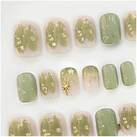 DANSHILONG Tırnak - Tasarım Tutkal ile 24 adet Sürü Sahte Tırnak Taze Kız Fasulye Kum Yeşil Hibrid Kısa Tırnak Altın Yıldız