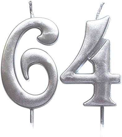 MAGJUCHE Gümüş 64th Doğum Günü Sayısal Mum, Numarası 64 Kek Topper Mumlar Parti Dekorasyon Kadınlar veya Erkekler için