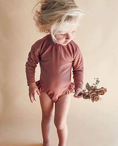 Yuemengxuan Toddler Bebek Kız Uzun Kollu Tek Parça Mayo Fırfır Düz Renk Çocuklar Bikini Plaj için