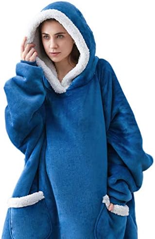 Bedsure Giyilebilir Battaniye Hoodie Kadın Erkek Çocuklar için-Mavi Kapüşonlu Battaniye Kazak Yetişkin ile Derin Cep ve Elastik
